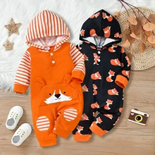 

Kids Baby Girls Boys Romper Spring Autumn Toddlers Color Matching Cartoon Fox Printing Striped Long Sleeve Hooded Jumpsuit
