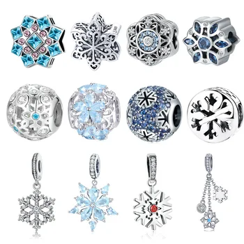 

BISAER 925 Sterling Silver Blue CZ Winter Snowflake Crystal Beads for Women Jewelry Making Original Silver Charm Bracelet Gifts