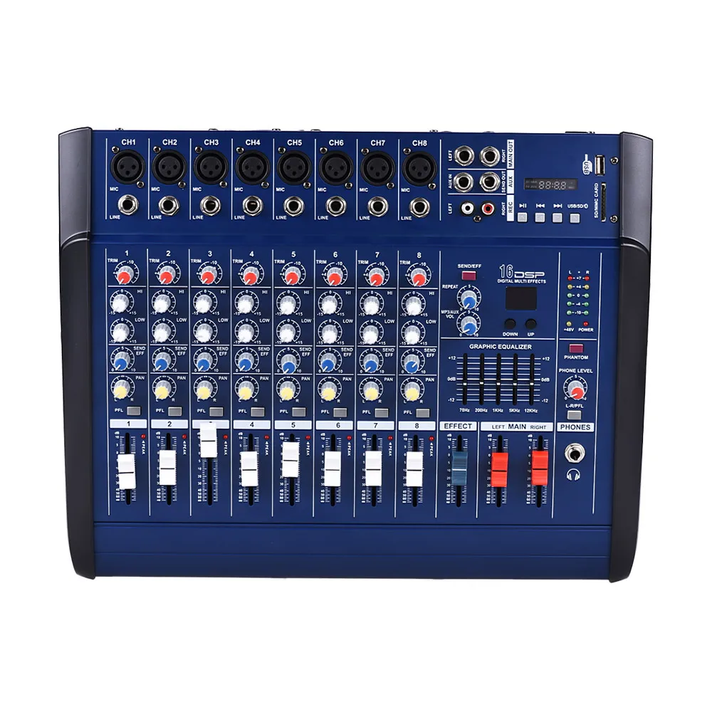 

Hot New 8 Channels Powered Mixer Amplifier Digital Audio Mixing Console Amp with 48V Phantom Power USB/ SD Slot for Recording