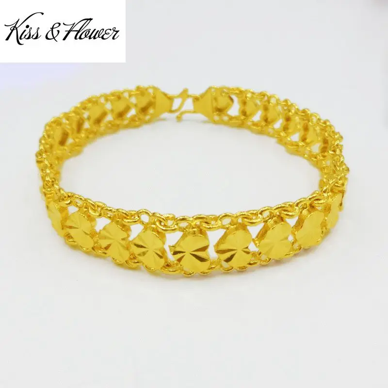 

KISS&FLOWER BR135 Fine Jewelry Wholesale Fashion Man Boy Father Birthday Wedding Gift Wide Heart 24KT Gold Watch Chain Bracelet