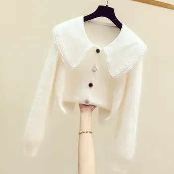 

Mink Cashmere Sweaters Female Cardigans New Autumn Winter Gauze Peter Pan Collar Single Breasted Short Knitted Top