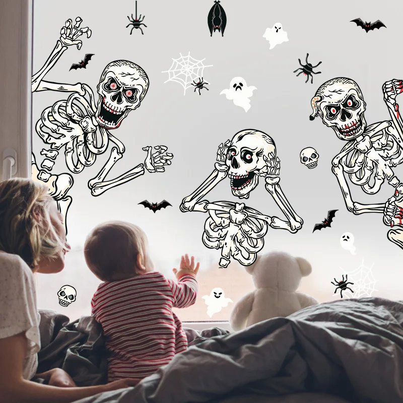 Cute Cartoon Halloween Window Stickers Witch Bat Pumpkin Skull  Electrostatic Glass Wall Door Decals Kids Room Party Decoration - AliExpress