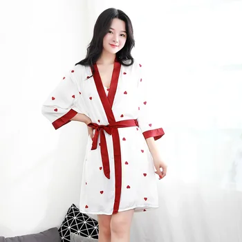 

Autumn Sexy Heart Print Robe Set Women Imitation Silk Nightdress Two Piece Set Pyjamas