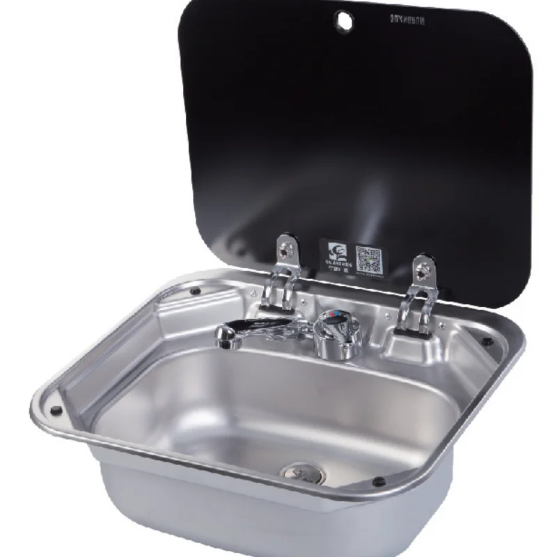 

RV kitchen stainless steel sink, tempered glass with cover and folding faucet stainless steel sink