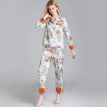 

2 pcs pajama Women's night wear summer cool carton printing lacing bath top pant set plus-size ladies Silk imitation pajama set