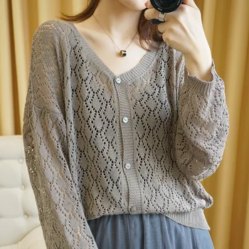 

lace cardigan women summer full sleeves V-neck hollow tops fashion sunproof pashmina casual beach-cover stylish female jacket