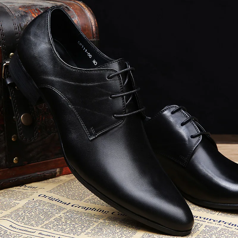 

European Version of the Men Formal Wear Lace-up Leather Shoes Pointed-Toe Work Shoes Glorious Cowhide Make Shoes Small 37
