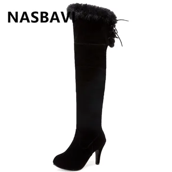 

NASBAVI New fashion Korean version Winter Warm Ladies suede Solid color round head high heel shoes woman long boot black Beige