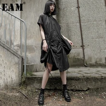 [EAM] New Spring Summer Lapel Short Sleeve Black Irreuglar Fold Split Joint Loose Shirt Dress Women Fashion Tide JX113