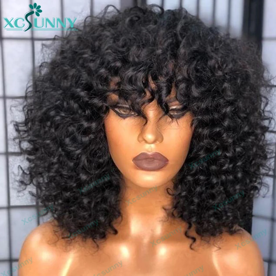 200 Density Full Machine Made Wig With Bangs Curly Human Hair Wigs Remy Brazilian 