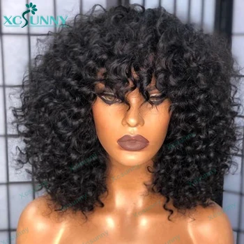 

200 Density "O" Silk Scalp Top Full Machine Made Wig With Bangs Curly Human Hair Wigs Remy Brazilian Jerry Curl 16" xcsunny