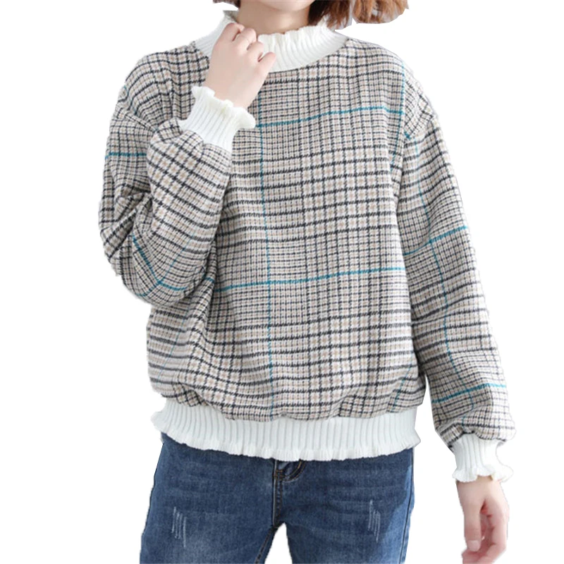 Turtleneck Knitted Sweaters Pullover 2019 Autumn Winter New Loose Fashion Large Size Plaid Thick Wild Sweater Top Coat Female B8 | Женская