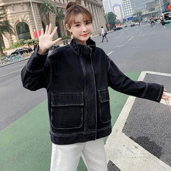 

2020 New Autumn Jacket Women Vintage Loose Turtleneck Long Sleeve Jacket Fashion Zipper Large Pocket Denim Jacket Female Coat