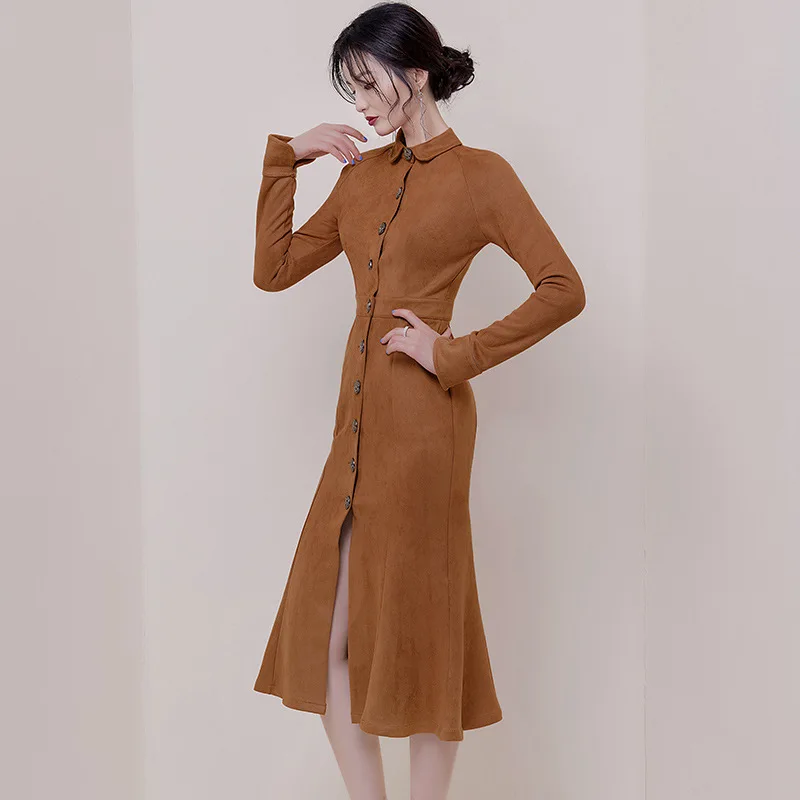 

2019 Autumn And Winter Big Brand-Style Debutante Elegant Fishtail Skirt Long Suede Base Slim Dress