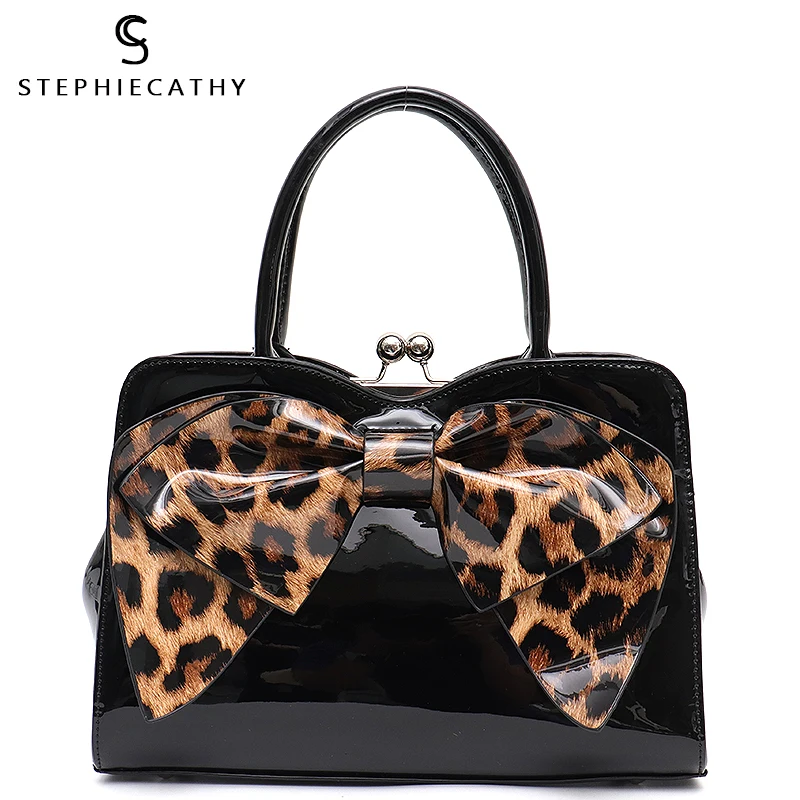 

SC Luxury Paten PU Handbag for Women Fashion Leopard Bow&Diamond Ladies Top-handle&Shoulder Bags Female Vegan Leather Crossbody