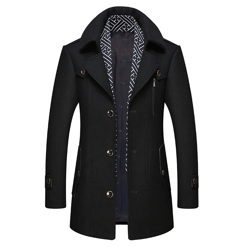 Зимнее пальто, мужской съемный шарф, однотонная Толстая шерстяная длинная куртка, Мужская деловая теплая шерстяная зимняя куртка, одежда - Цвет: Black