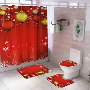 

Waterproof Shower Curtain Red Chrismas Bell Polyester Fabric Bath Curtain Toilet Cover Mats Home Bathroom Curtains with 12 Hooks