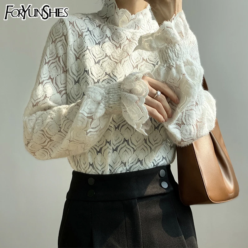 

Spring Autumn Women Hollow Out Lace ShirtsTees Female Turtleneck Elegant Transparent Blouses Flare Sleeve Goth Tops Bottoming