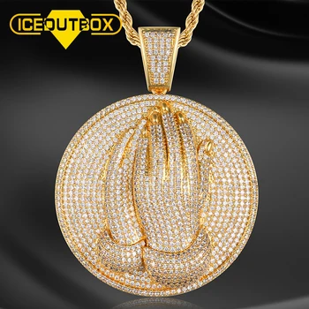 

The Pray Hands Pendants Necklaces Round Bible Verse Prayer CZ Necklace Alloy Hip Hop Men Chain Jewelry Full Of Rhinestone Gift