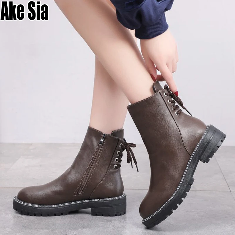 

Lady Women Autumn Winter Short Plush Warmth Snow Ankle Boots Leather Bottine Med Heels Lacing Shoes Martin Booties Zapatos C086