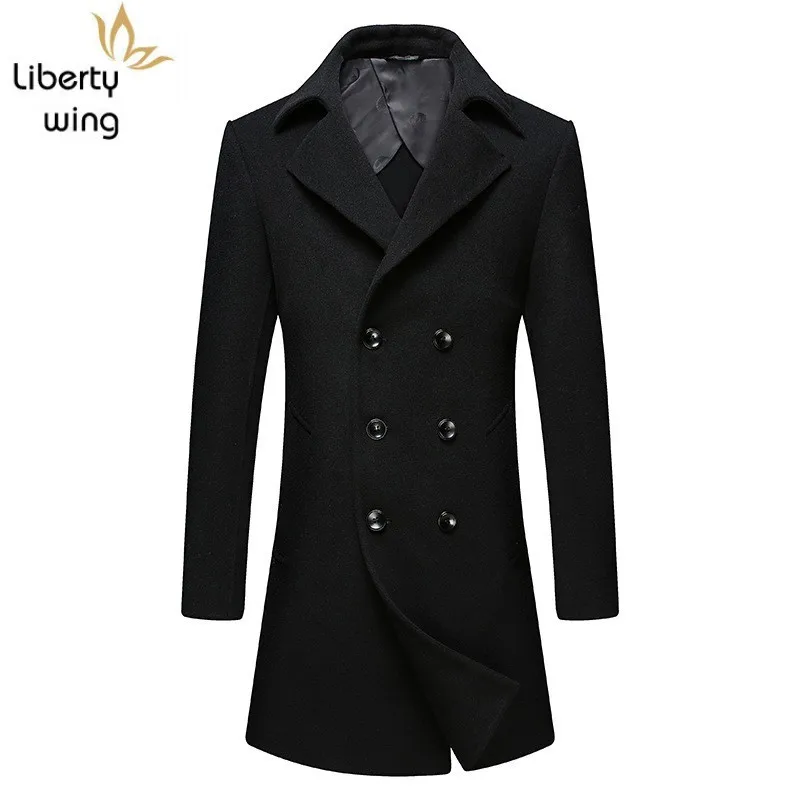 

High Quality Blends Wool Coat Men Winter Mens Double Breasted Thicken Woolen Coats Solid Black Overcoat England Long Jacket Man