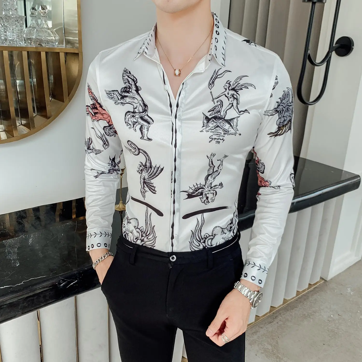 Новая мужская рубашка Camisa Social Masculina с длинным рукавом мужские рубашки Высокое качество полная печать Slim Fit повседневные мужские рубашки - Цвет: 2311  WHITE
