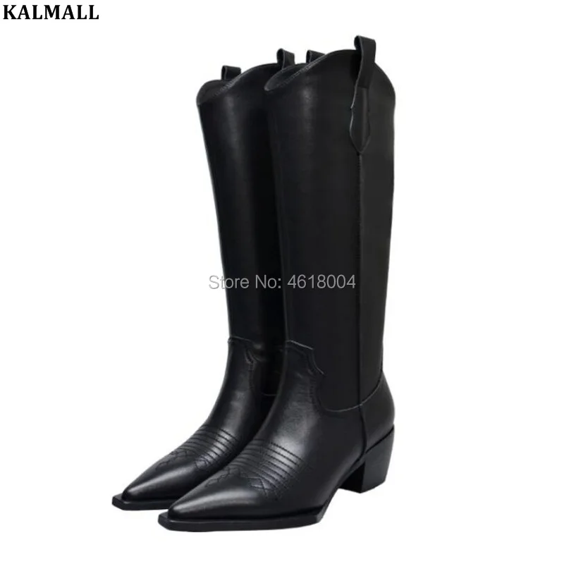KALMALL Zapatos de Mujer; ковбойские сапоги до колена; обувь в западном стиле; женские высокие сапоги с острым носком на не сужающемся книзу массивном каблуке; Botas Mujer