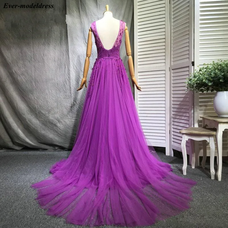 Fuchsia Long Prom Dresses A-line Handmade Flowers Backless Wedding Formal Party Gowns Evening Dress Vestidos De Festa