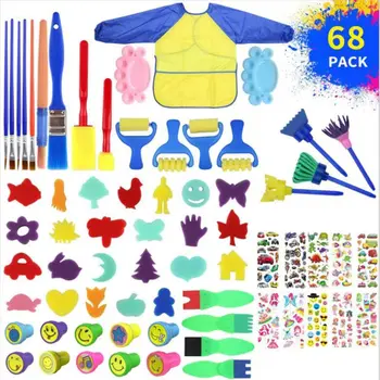 

68pcs Children Graffiti Painting Tool Set Kids DIY Waterproof Apron Seal Bubble Stickers Sponge Brush Drawing Toys