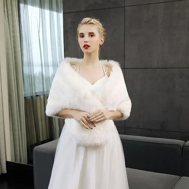 Мягкая шаль из искусственного меха, зимний теплый палантин для свадьбы, чехол для свадебного платья, женские модные Болеро ручной работы - Цвет: B