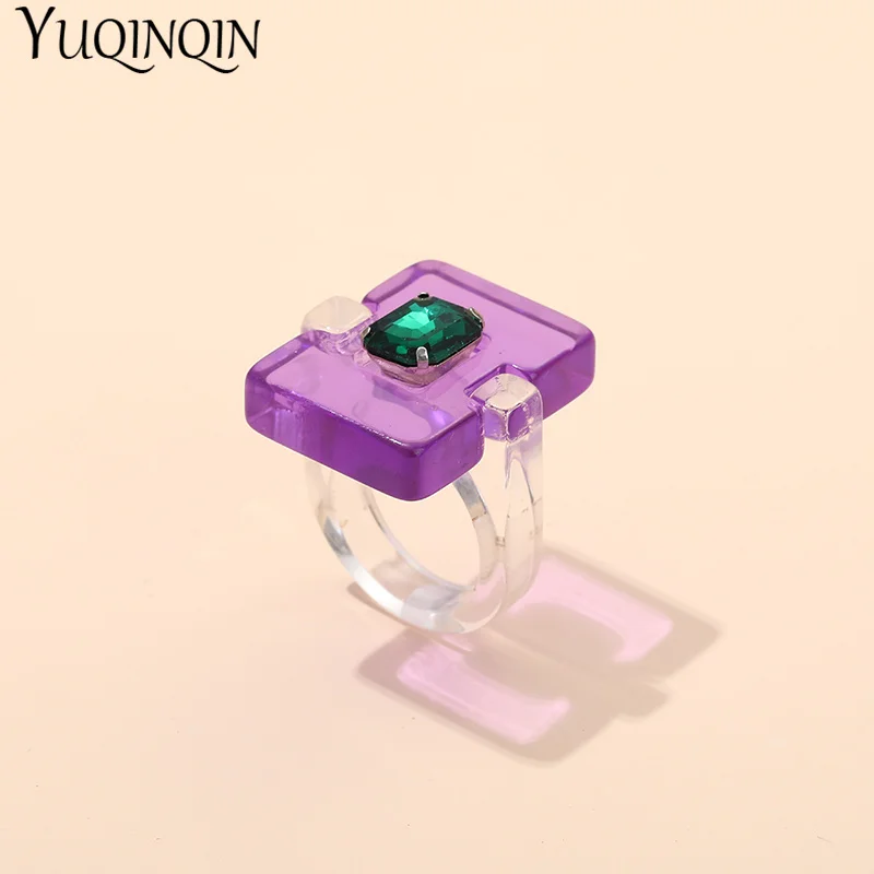 Girls Finger Rings Resin Rhinestone Crystal Punk Geometric Square Big Rings for Women Fashion Jewelry Party Gifts