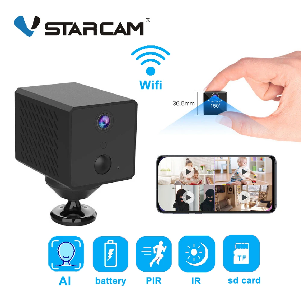 Мини-камера Vstarcam 1080P Wi-Fi с ИИ-датчиком гуманоида 1500 мАч перезаряжаемый