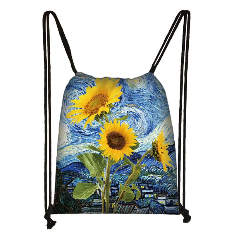 Yellow Sunflower Drawstring Bag Women Canvas Storage Bags Van Gogh Sunflower Starry Night Backpack Ladies Travel Bag Gift