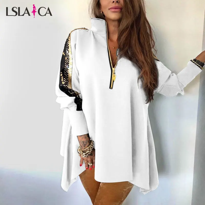 discounted  Women Jackets Fashion Sequins Patchwork Stand Collar Long Sleeve Zipper Loose Casual Ladies Coats P
