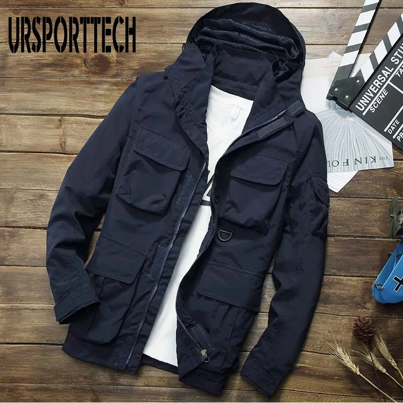 Dark Blue Весна Осень мужские куртки и пальто Новая мода Повседневная дышащая карго мужская куртка-ветровка с капюшоном тонкое пальто размера плюс - Цвет: Dark Blue