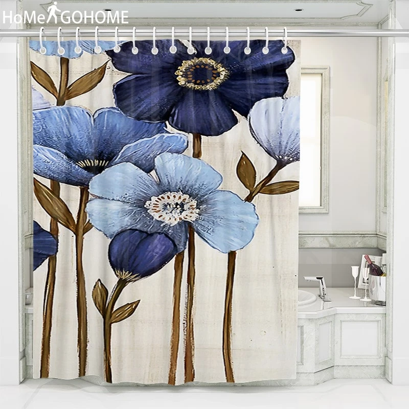 Navy Blue Flower Illustration Painting Bathroom Decor Shower Curtain Landscape Polyester Fabric Toilet Curtain For Bath Hooks Shower Curtains Aliexpress