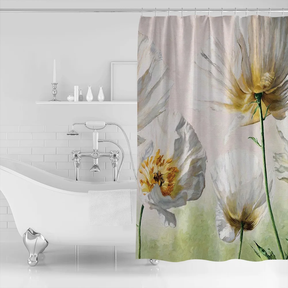 Modern White Flower Art Polyester Fabric Bathroom Shower Curtain with Hooks