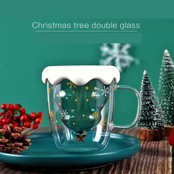 

2PCS Double-layer Glass Mug 300ml Christmas Tree Cup Snowflake Double Wall Handmade Milk Coffee Wine Drinkware Decoration