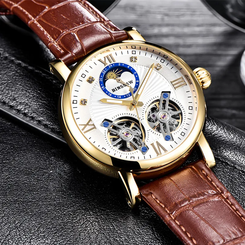 BINSSAW Мужские автоматические механические турбийон часы для мужчин роскошный бренд бизнес кожа спортивные часы Relogio Masculino