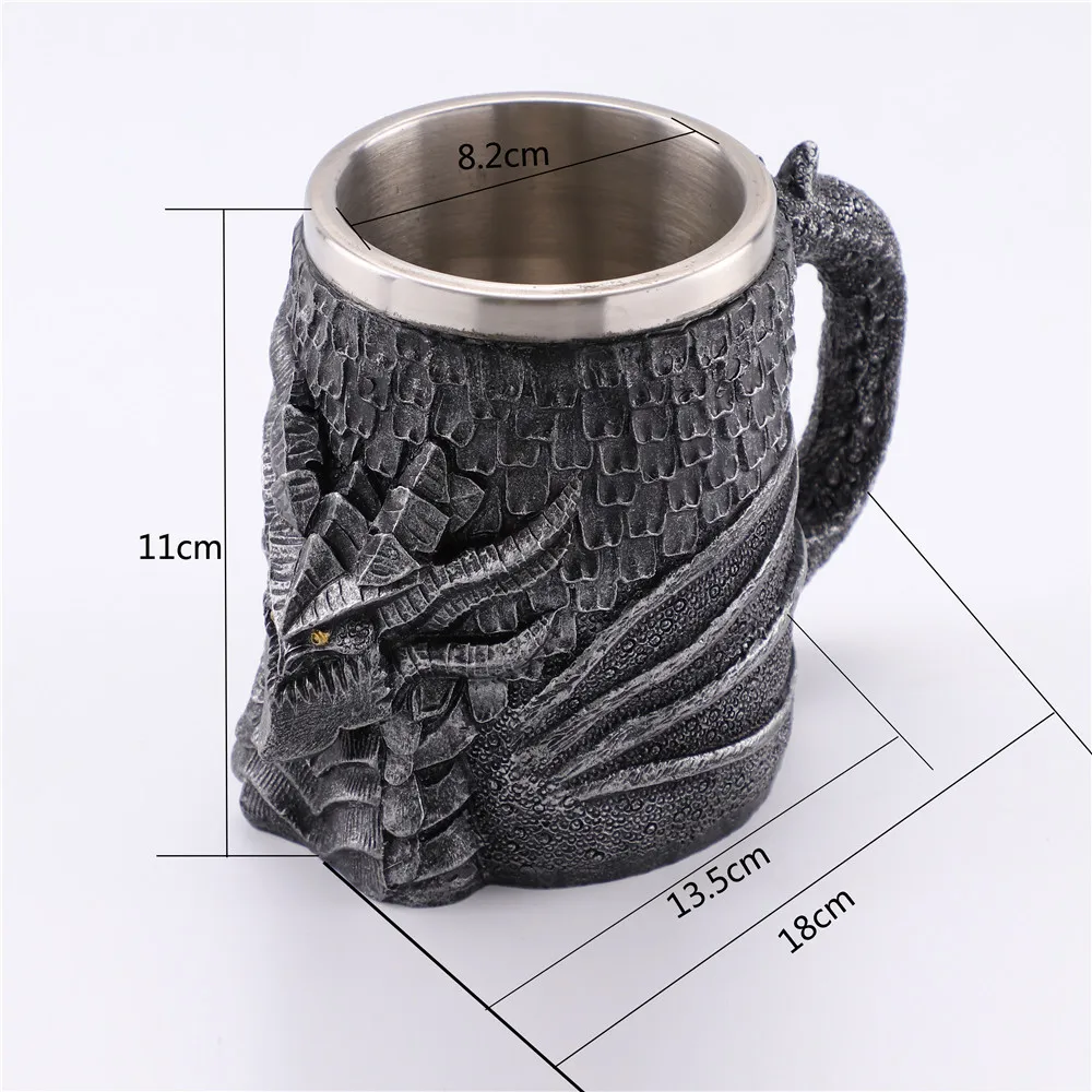Творческий двойной из нержавеющей стали смолы дракон 3D пиво большая пивная кружка кофе чашка бокал вина Ретро дракон кружка - Цвет: Mug