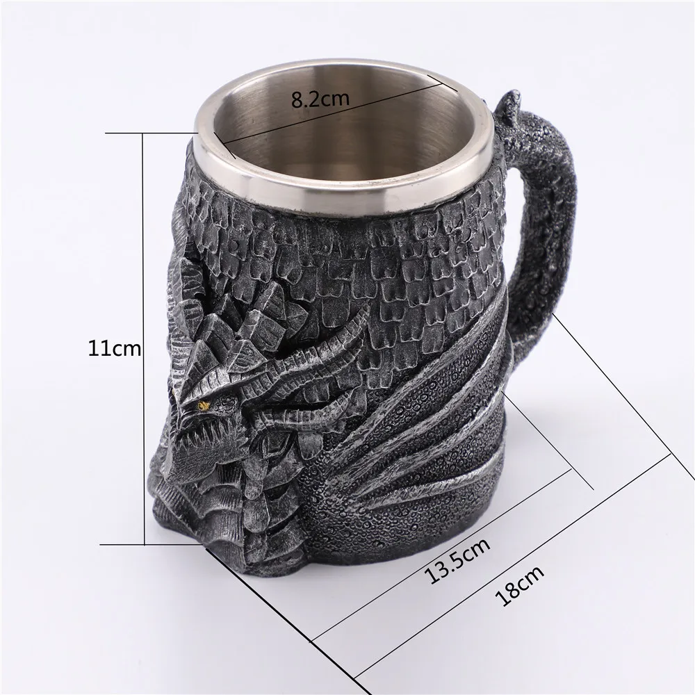 Mug Творческий двойной из нержавеющей стали смолы дракон 3D пиво большая пивная кружка кофе чашка бокал вина Ретро дракон кружка - Цвет: Mug