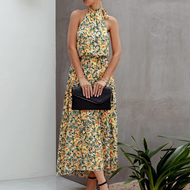 Модное платье в горошек Boho, хлопковое платье для женщин, лето, на шнуровке, Холтер, вечерние, макси платье, сексуальное, с открытой спиной, Асимметричный Сарафан
