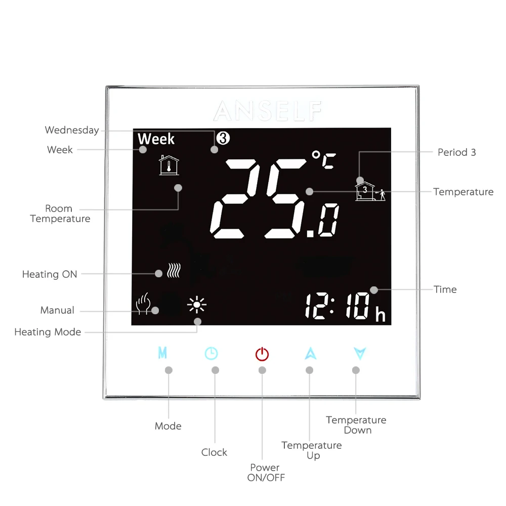 

Weekly Programmable Underfloor Heating Thermostat LCD Touch Screen Room Temperature Controller Thermostat White Backlight