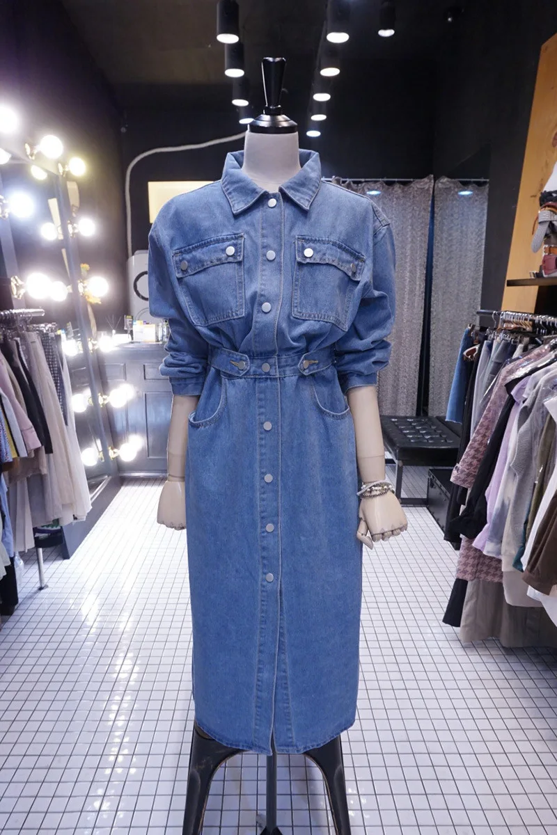 Primavera e Outono Fina sobre o Joelho Coreano Nova Divisão Camisa Jeans Vestido Feminino Cintura Apertada Midi 2021 7 2021 primavera e outono coreano nova divisão