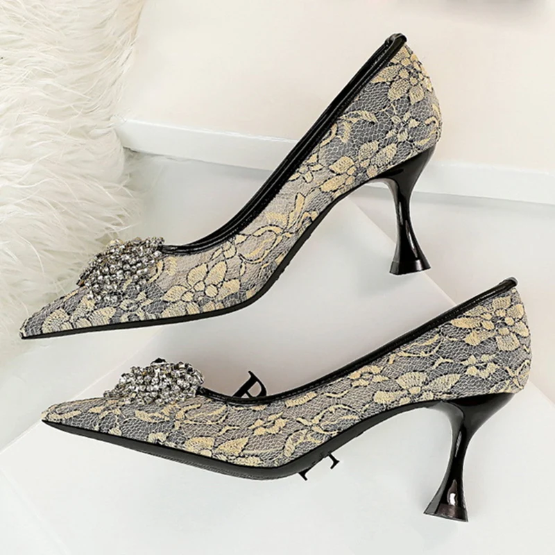 2021 Spring Autumn Elegant Women Flower 7.5cm Thin High Heels Pumps Designer Mesh Lace Crystal Exotic Dancer Bridal Shoes | Обувь