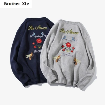 

Autumn New Sweater Men Fashion Flower Embroidery Casual O-neck Knit Pullover Man Streetwear Wild Loose Warm Sweater Male Clothes