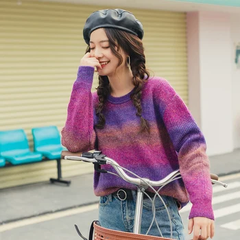 

INMAN 2020 Spring New Arrival O-Neck Dropped Shoulder Color Gradual Change Loose Style Knit-wear Pullover Sweater