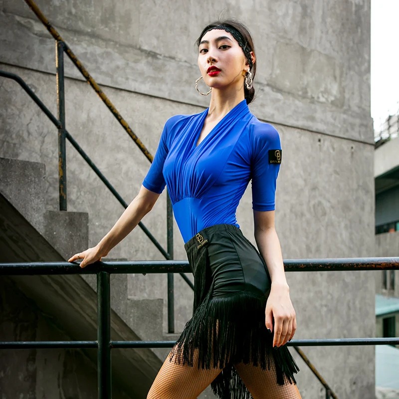 Blue Top B Топы Для латинских танцев, Женский танцевальный купальник, комбинезон, Современные топы, стандартные рубашки для бальных танцев, профессиональная практика, топы для латинских танцев, L2862 - Цвет: Blue Top B