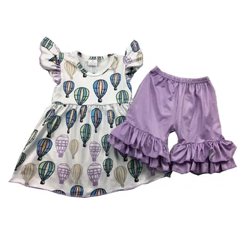 

summer cute girl clothing set balloon printed ruffle short match pearl tunic milk silk set