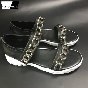 

Fashion Beach Sandals Men Rome Style Gladiator Sandals Summer Shoes 100% Real Leather Cowhide Chain Flat Sandals Plus Size 45